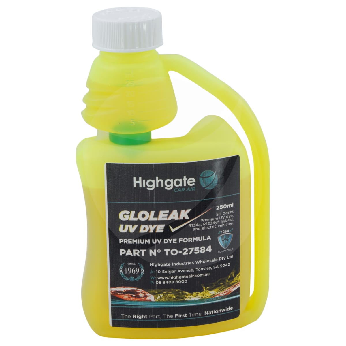 UV DYE, 250ML, R134A, R1234YF, HYBRID, EV, 50 DOSE PREMIUM FORMULA